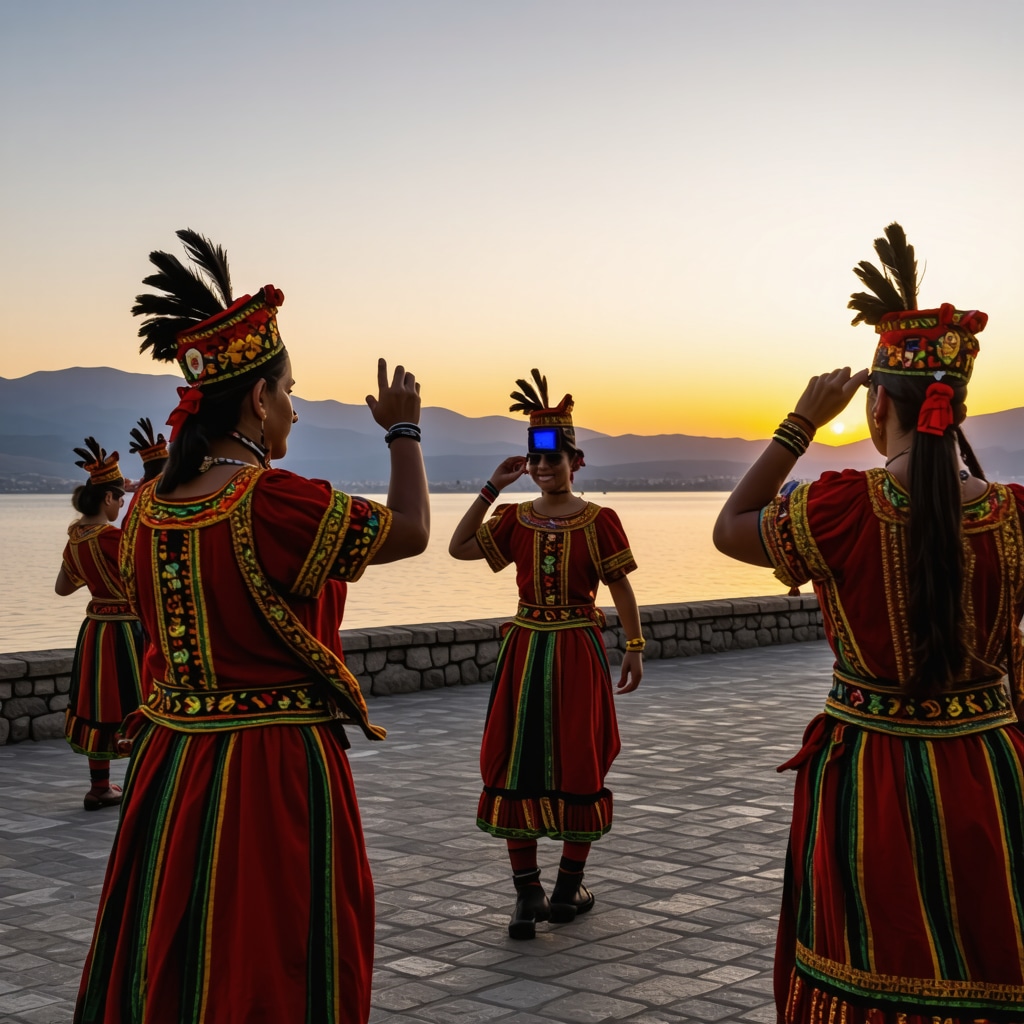 Dansatori tradiționali macedoneni și instalații digitale la festivalul din Struga la apus