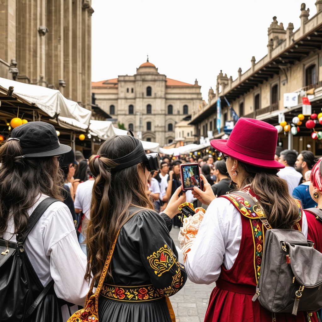 Festival attendees using augmented reality devices near Ottoman architecture in Sarajevo
