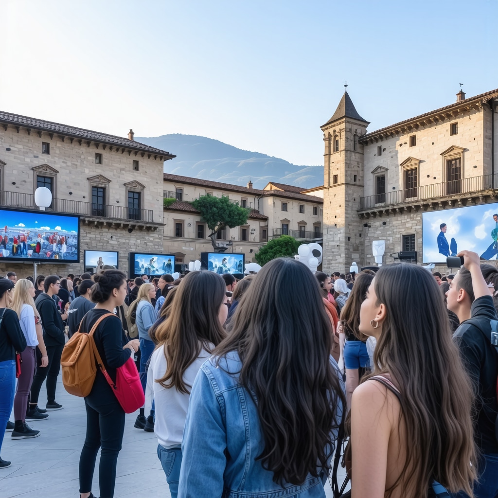 Crowd enjoying cultural festival in Sarajevo with traditional and augmented reality elements