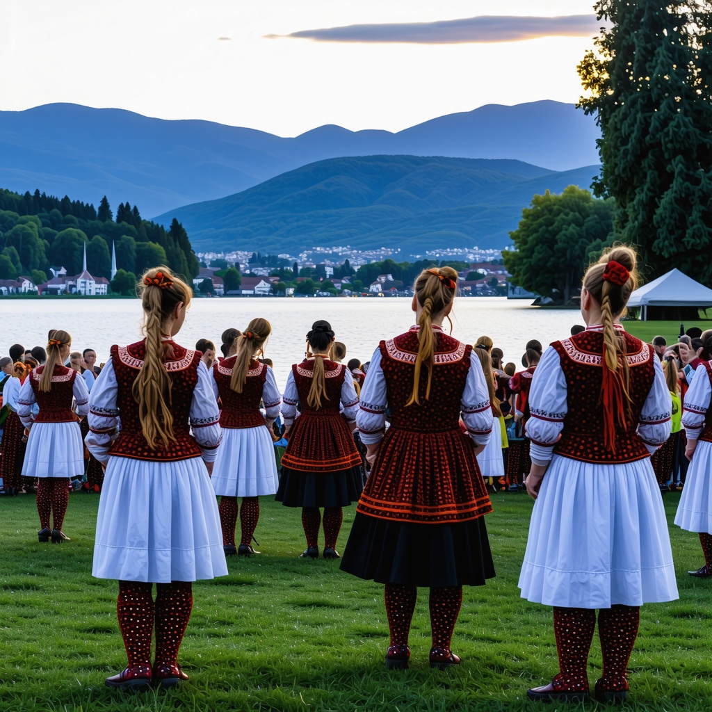 Festival în Bled cu costume tradiționale și tehnologie verde pe fundalul lacului Bled și munților