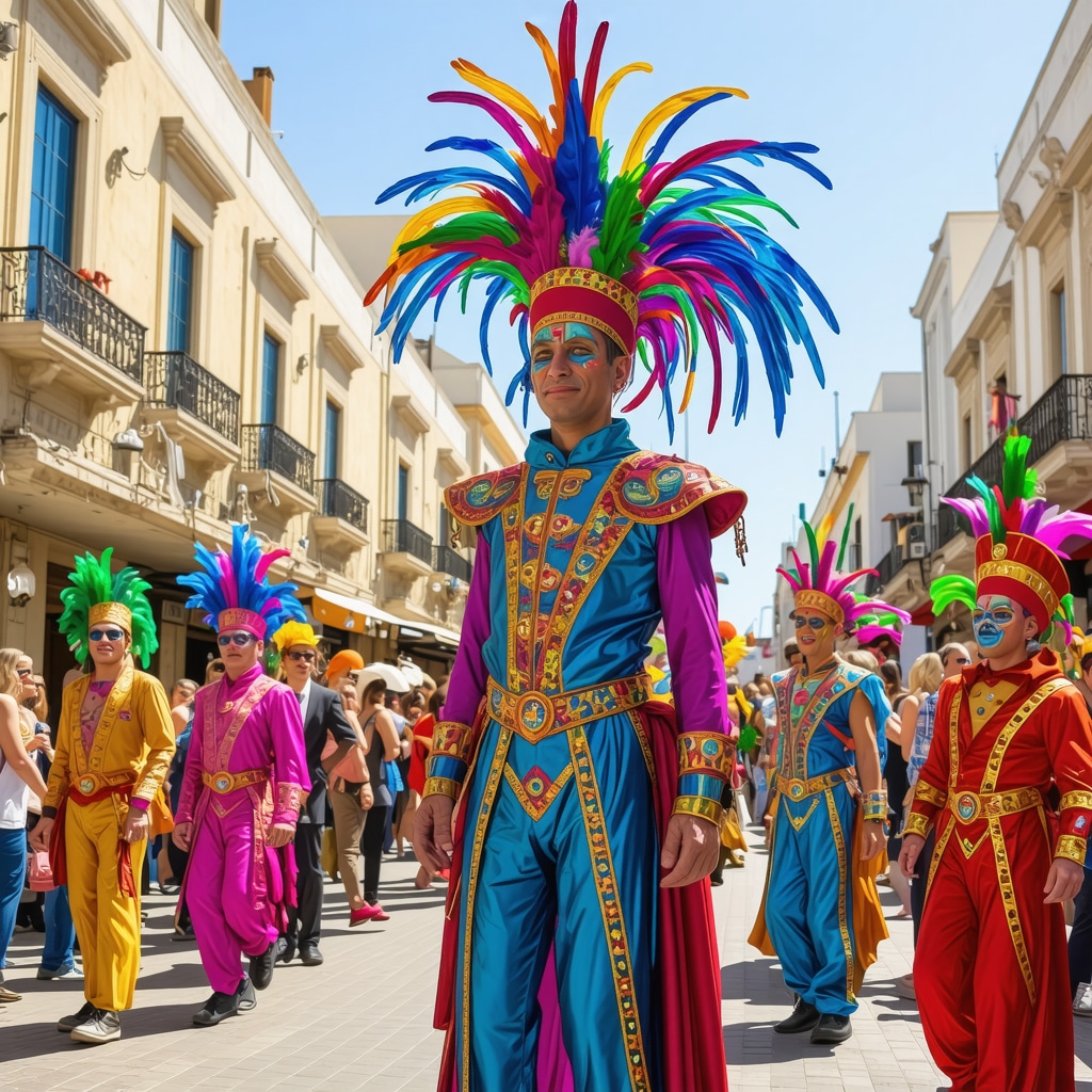 Crowds enjoying a vibrant street carnival in Patras with colorful costumes and decorations