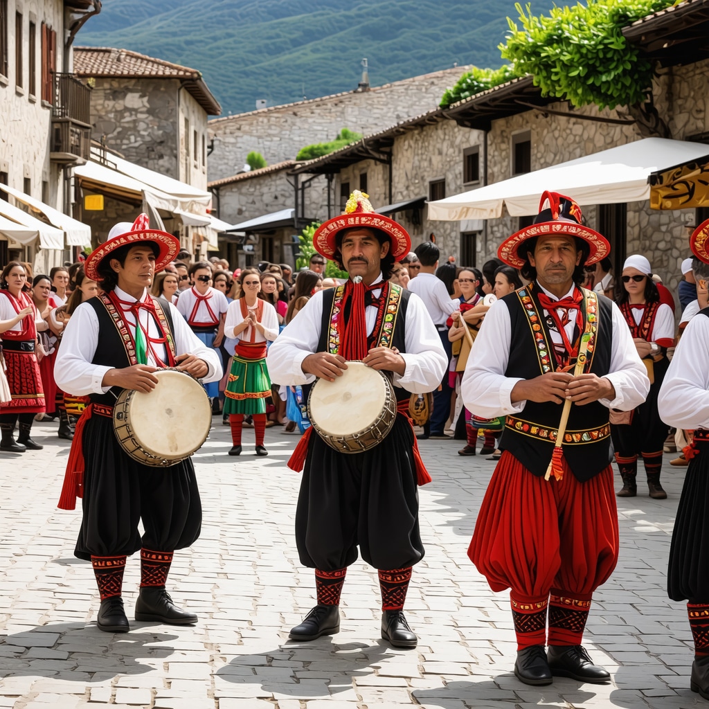 Muzicieni tradiționali albanezi cântând la çiftelia și lahuta în timpul Festivalului Berat 2024, cu participanți în costume tradiționale la ateliere de meșteșuguri