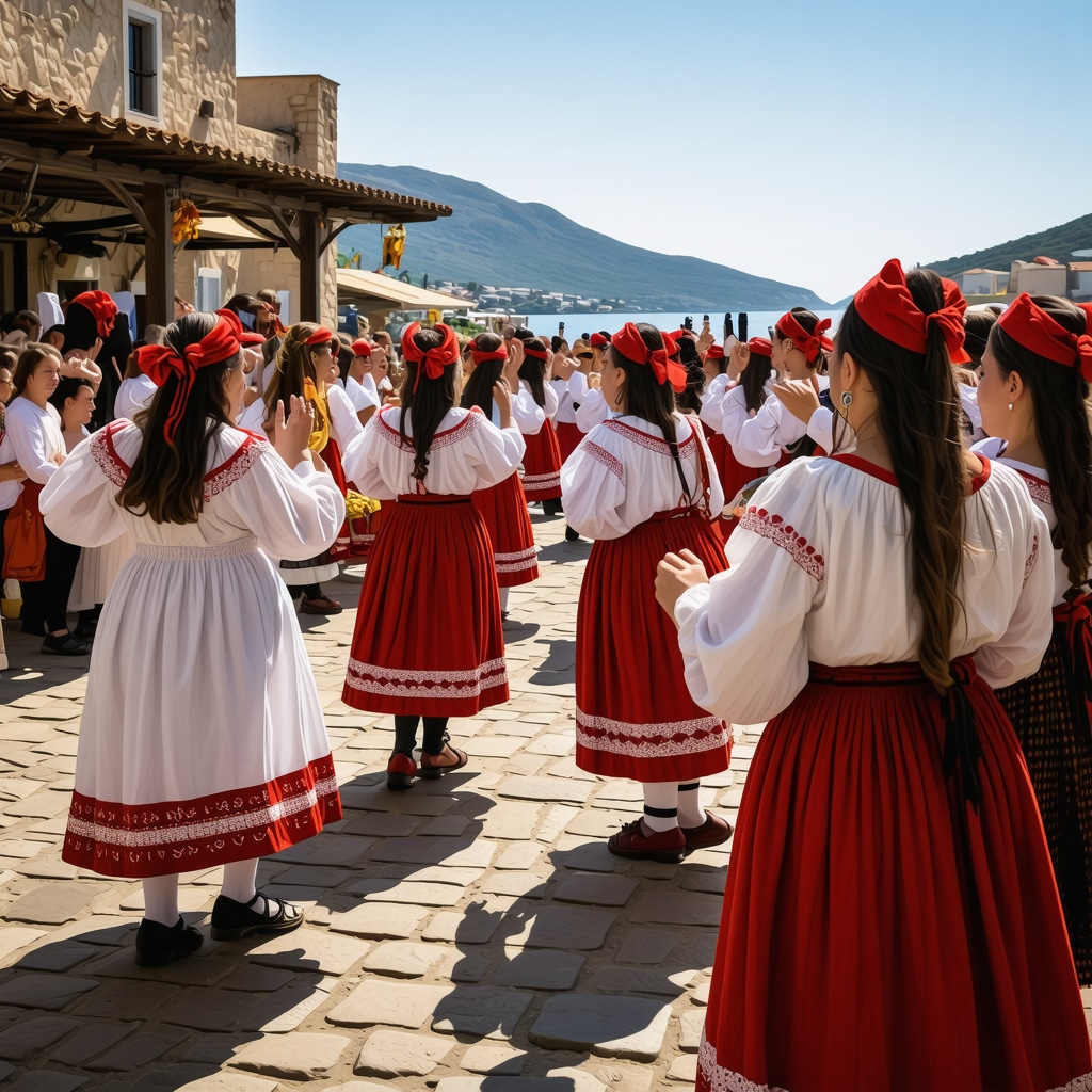 Scena unui festival tradițional în Ulcinj cu dansatori în costume populare, artizani și standuri cu preparate locale lângă Marea Adriatică