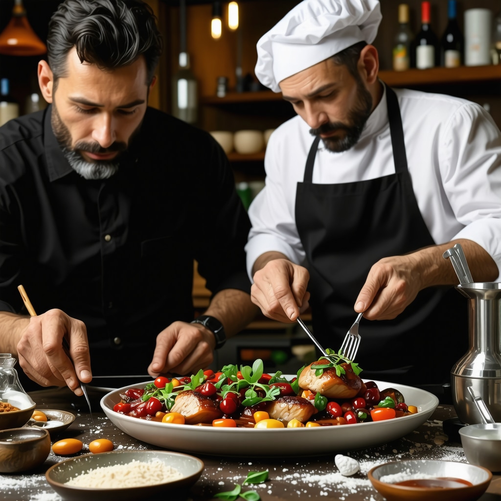 Traditional Slovenian craftsman using digital tools and modern chef preparing traditional dishes with molecular gastronomy equipment in Celje