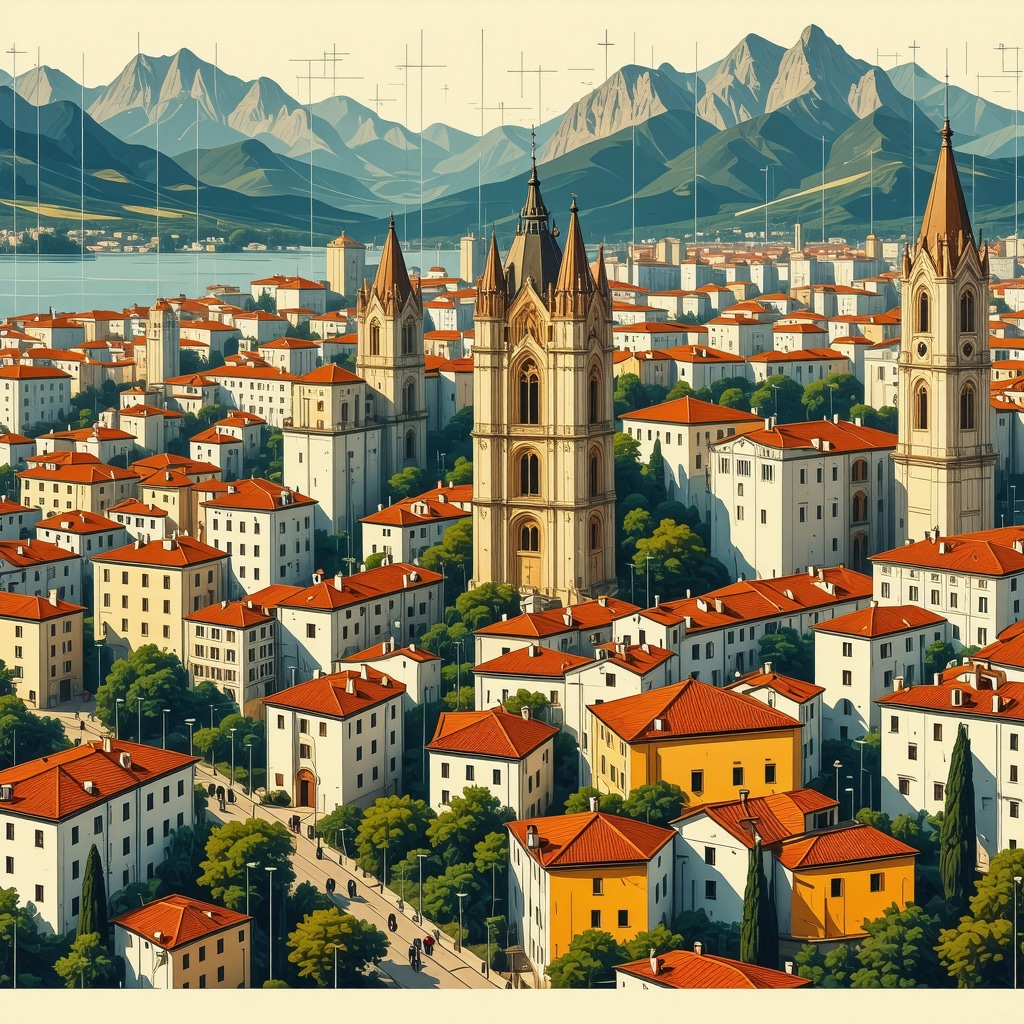 Digital artwork showing Sarajevo's multicultural landmarks integrated with augmented reality and technology