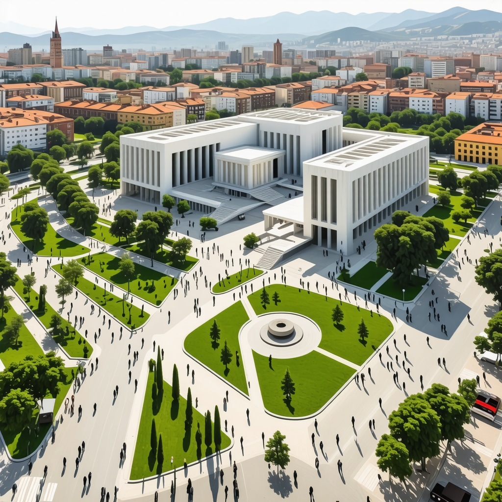 Skopje cityscape showing a harmonious blend of historic buildings and modern smart city infrastructure with green spaces and public art