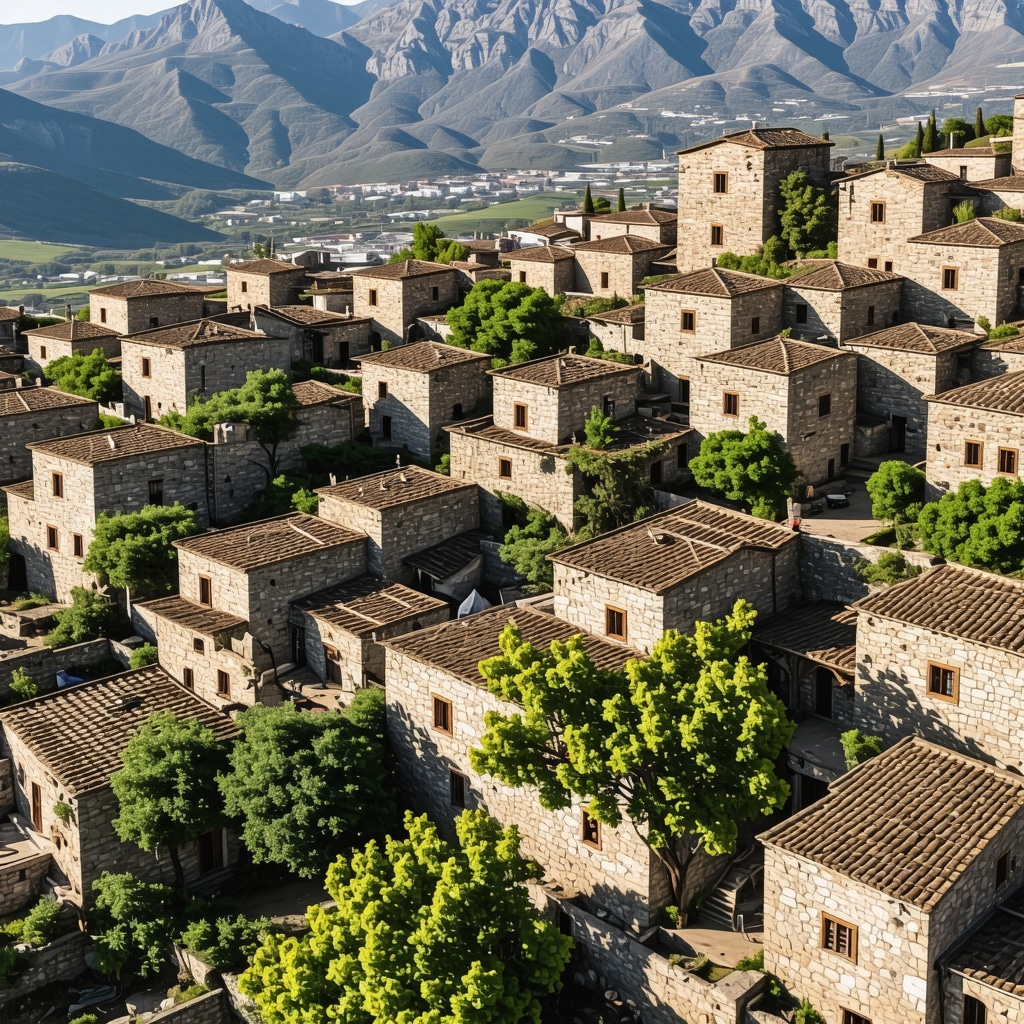 Historic stone houses in Gjirokastër with 3D scanning overlays demonstrating advanced heritage preservation techniques