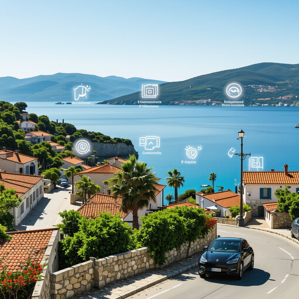 Panoramic view of Herceg Novi coast with digital icons symbolizing sustainable tourism and technology