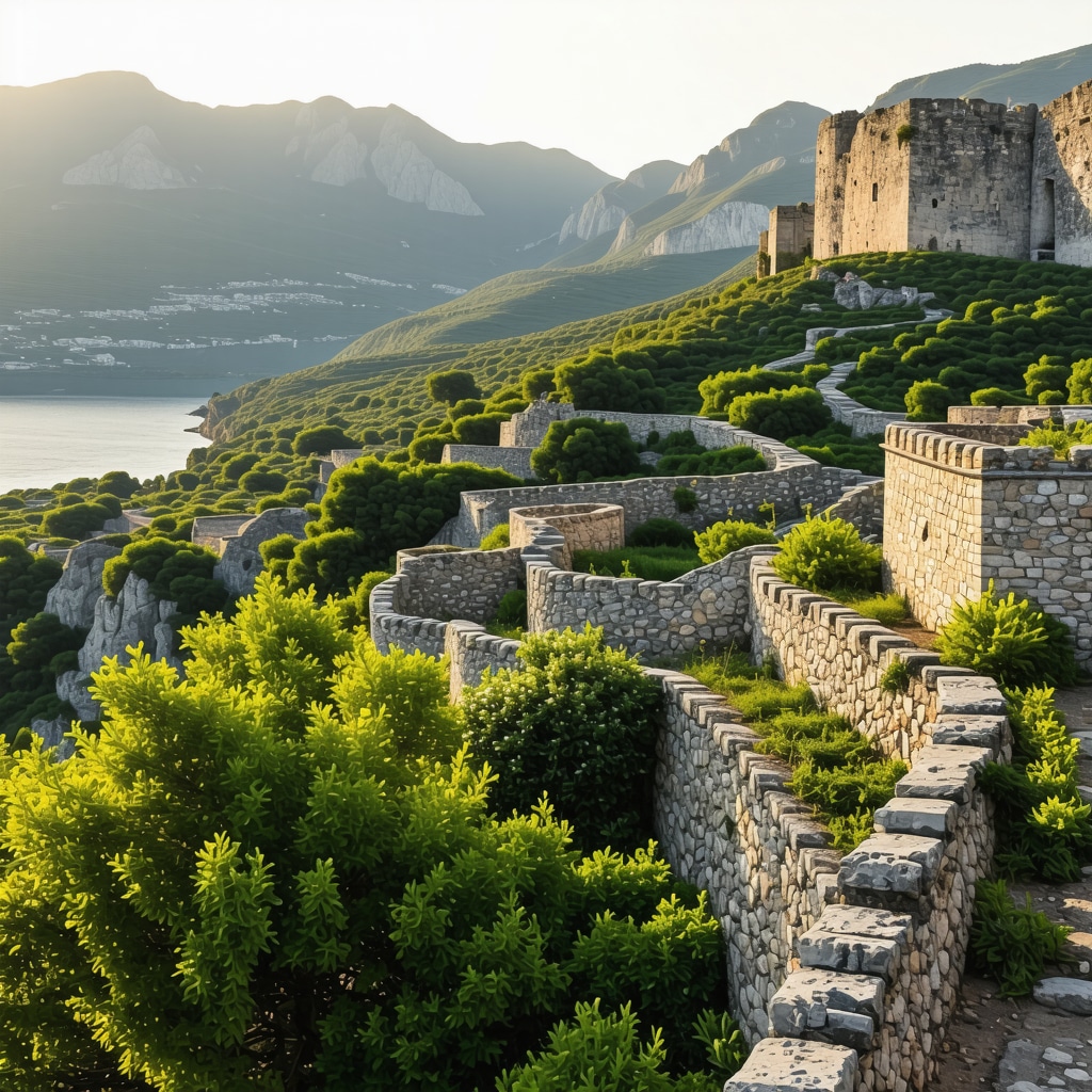 Panoramic view of mountain trails and fortifications near Kotor with Adriatic Sea