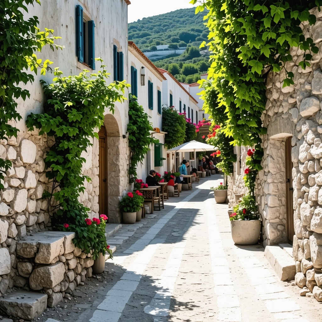 Scenic trail and local Croatian village on Hvar island under sunlight
