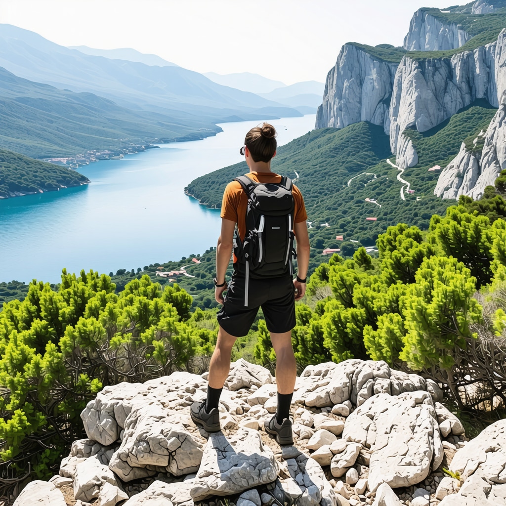 A hiker with professional gear on Mount Lovćen peak overlooking Kotor Bay with clear sky and greenery