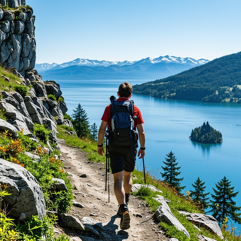 Experienced hiker with technical equipment trekking on rocky alpine trail with panoramic view of Lake Bled