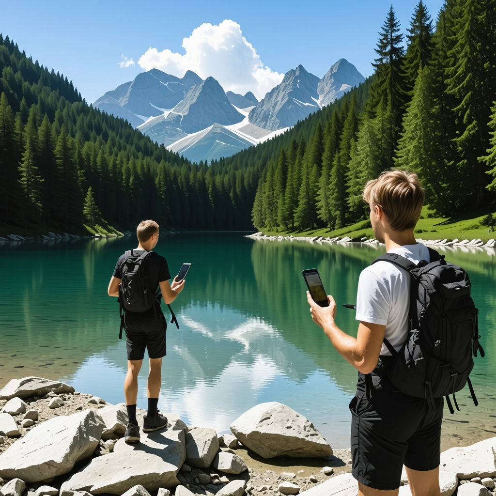 Hikers navigating Bohinj trails with GPS and augmented reality technology in alpine natural setting