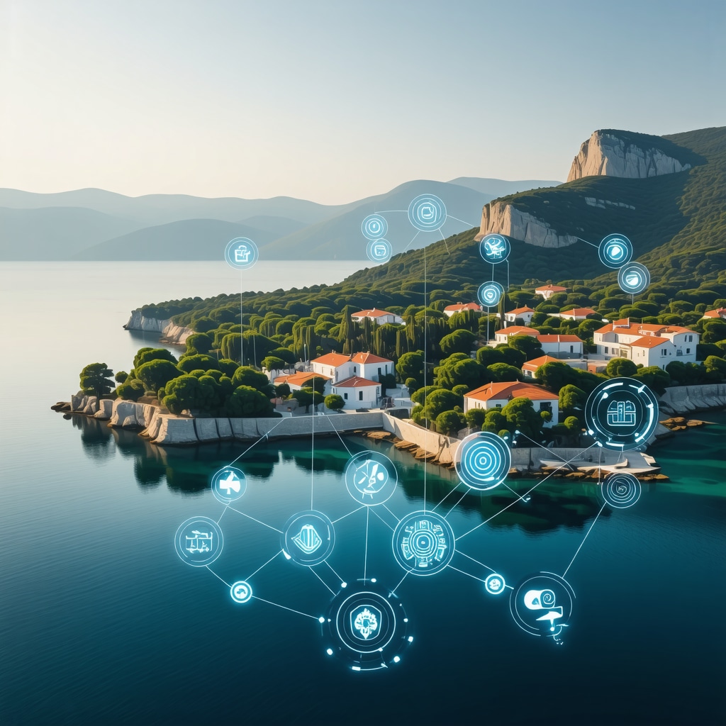 Aerial image of Hvar island with digital overlays representing smart tourism technologies for sustainable management