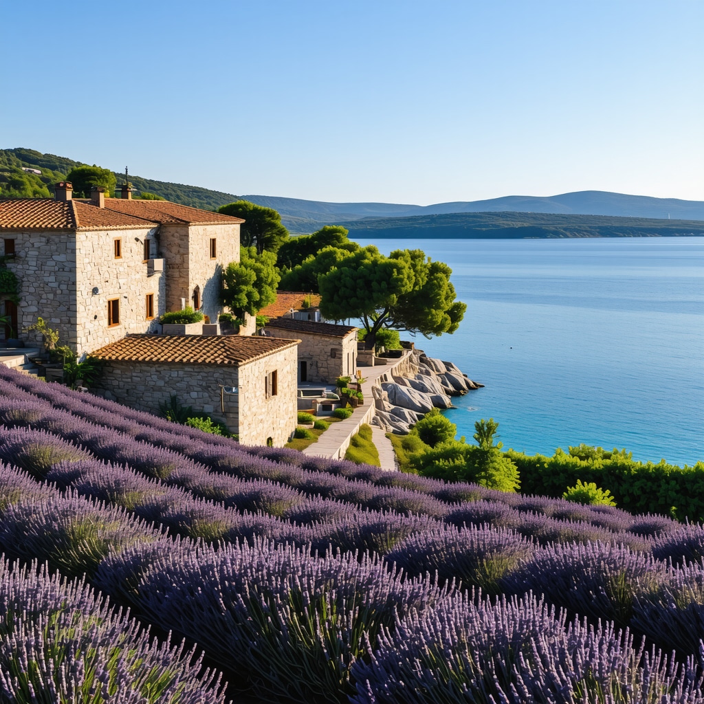 Scenic blend of traditional and modern eco-friendly tourism on Hvar island with lavender fields and Adriatic sea