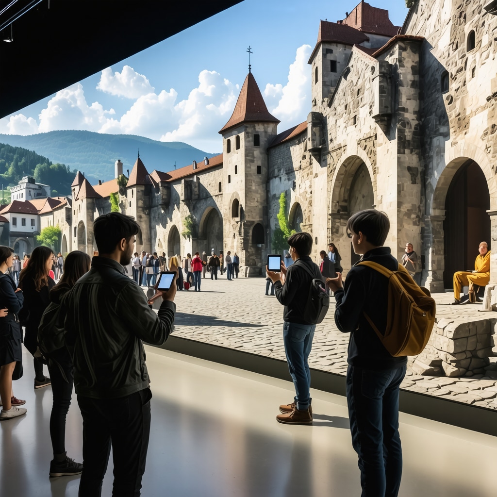Tourists using mobile devices to explore augmented reality historical reconstructions inside Celje museum with medieval architecture background