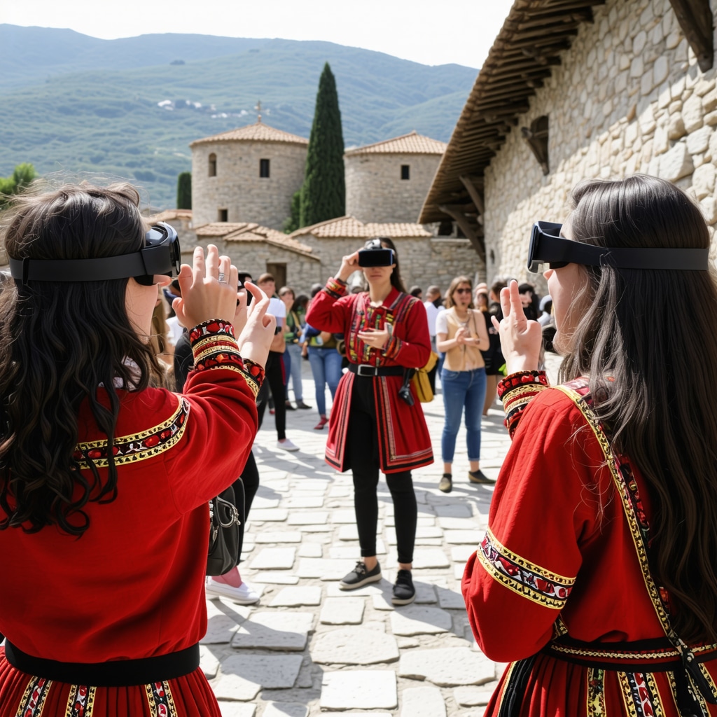 Visitors using AR technology to explore traditional crafts at Festivalul Berat 2024 in historic Berat city