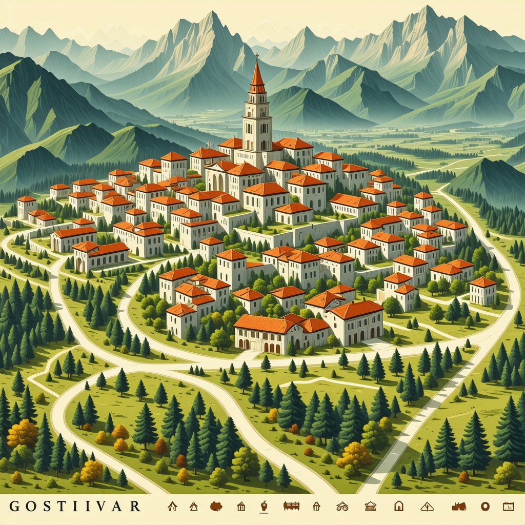 Digital map displaying Gostivar's heritage sites with augmented reality elements and natural scenery