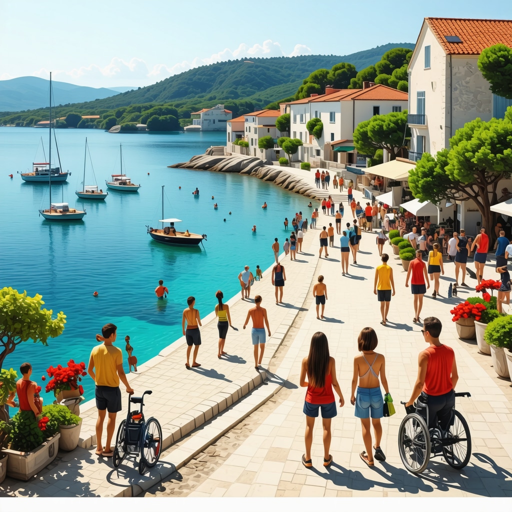 Digital interactive map showing Brač island's accessible routes and eco-tourism points with diverse visitors outdoors