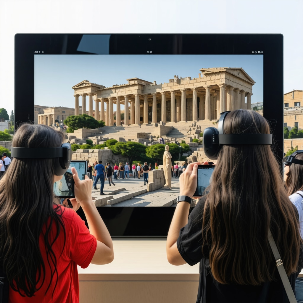 Tourists using augmented reality and VR technology at the Acropolis Museum in Athens with ancient temples in background