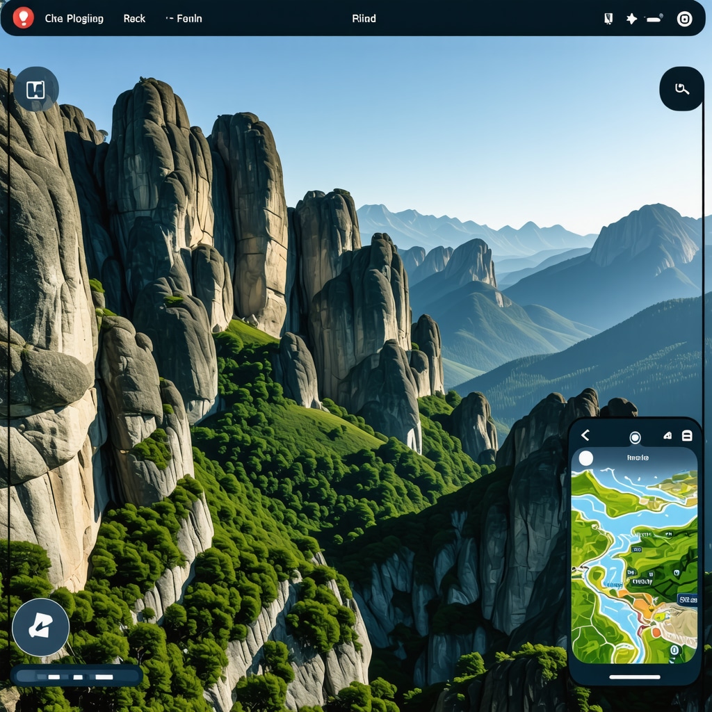 Interfață digitală AR suprapusă peste formațiunile stâncoase Meteora în peisaj montan