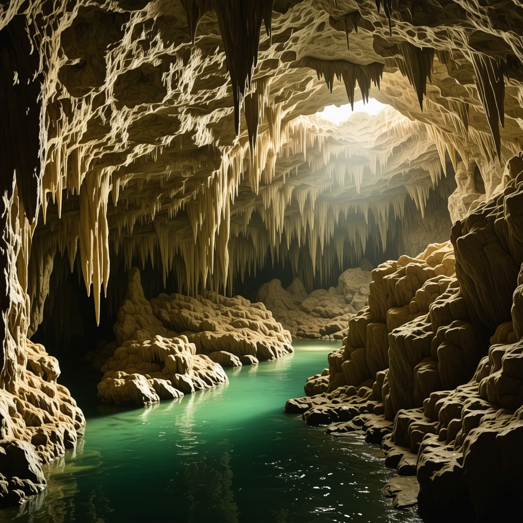 Skocjan Caves interior featuring stalactites and underground river ecosystem