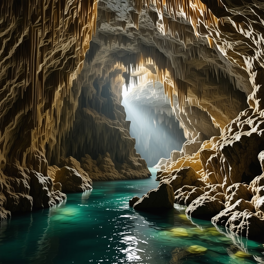 Skocjan Caves interior showing underground river and large stalactites