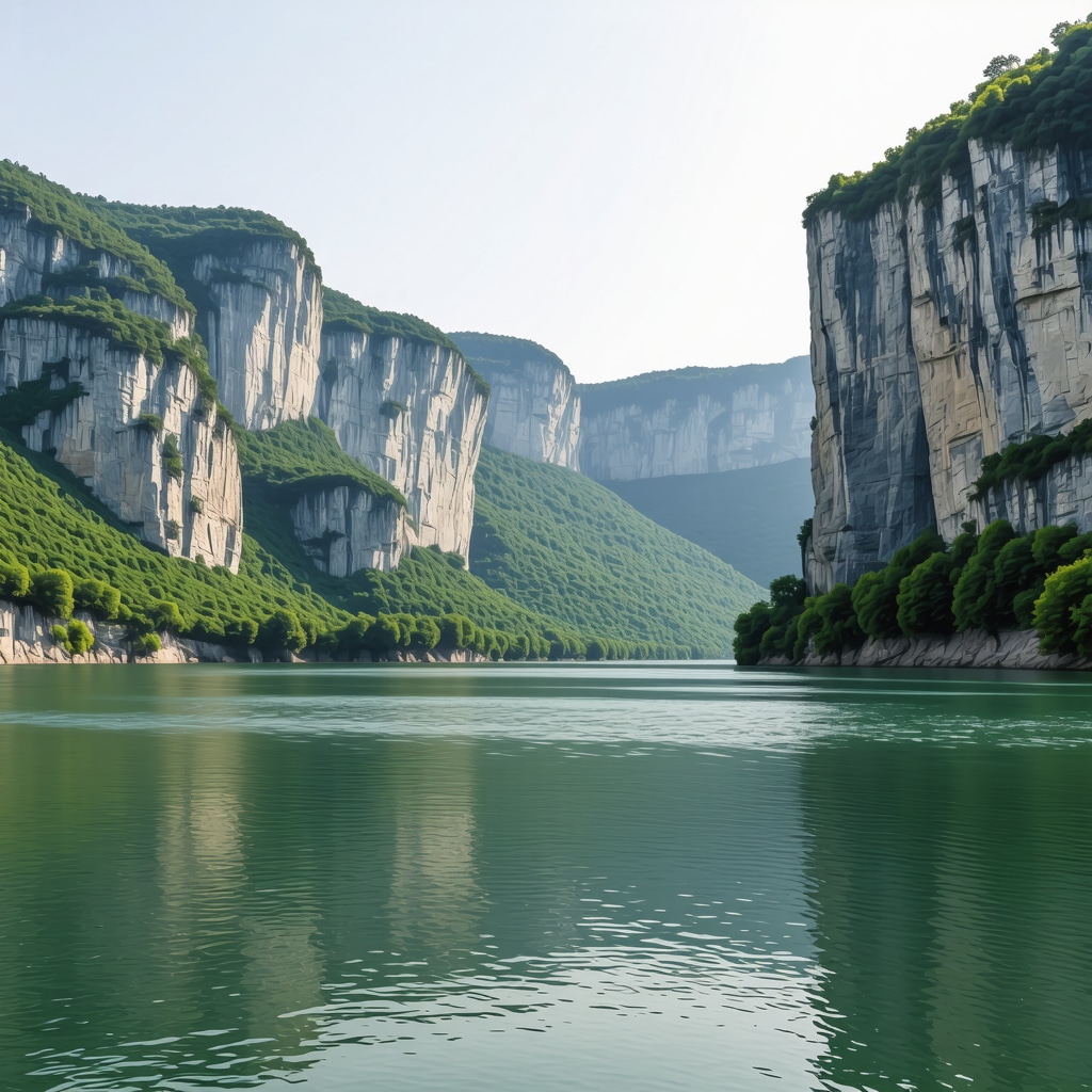 Panoramic scenic view of the Iron Gates Gorge on the Danube River with cliffs and river