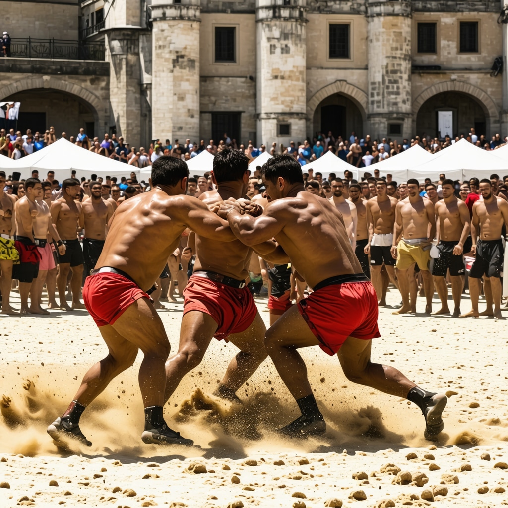 Traditional oil wrestlers competing at the Kırkpınar festival in Edirne with historical buildings in the background