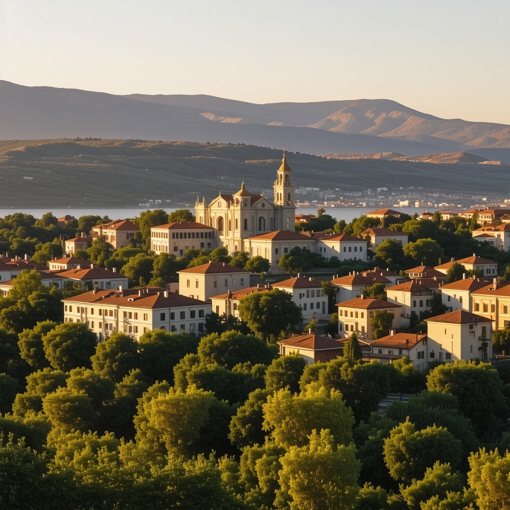 Panoramic view of Korçë city with historic and modern architecture against mountainous backdrop