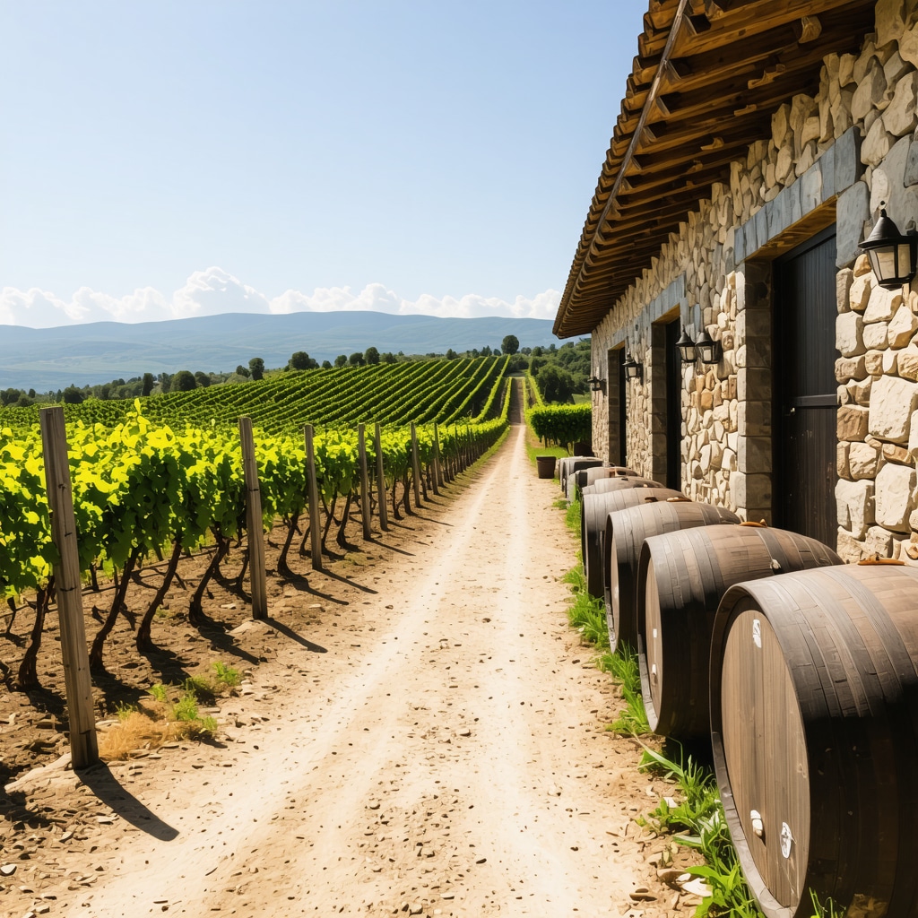 Rustic winery in Kosovo near Pristina with traditional barrels and grapevines