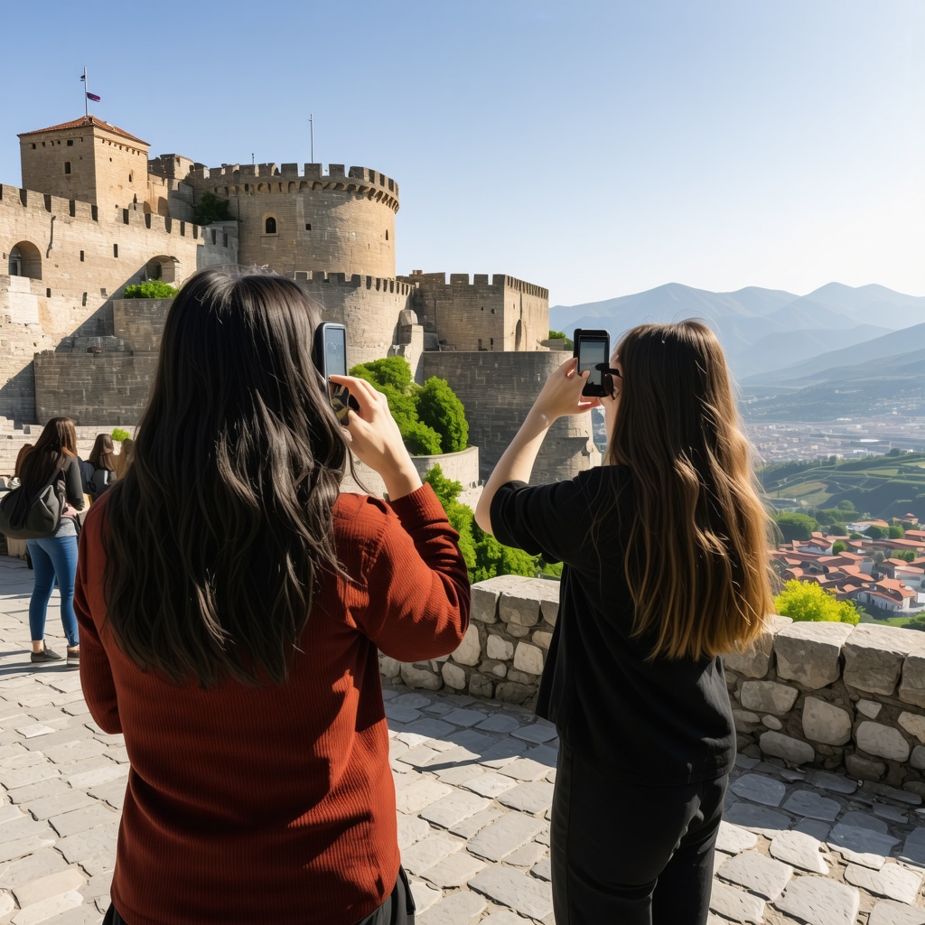 Tourists using augmented reality devices at Kruja Fortress illustrating digital heritage preservation