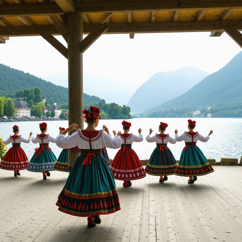 Traditional Slovenian folk dancers performing near Lake Bled during a cultural festival surrounded by alpine nature