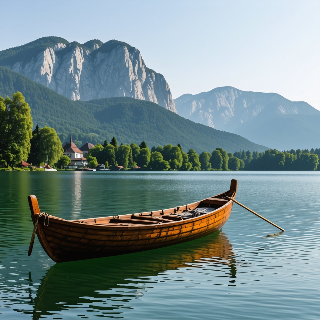 Lake Bled with traditional pletna boat and mountains during ecological festival