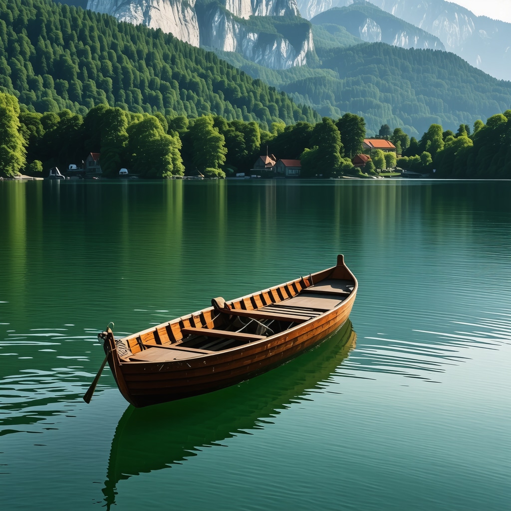 Lake Bled in Slovenia with pletna boats and lush greenery in soft morning light