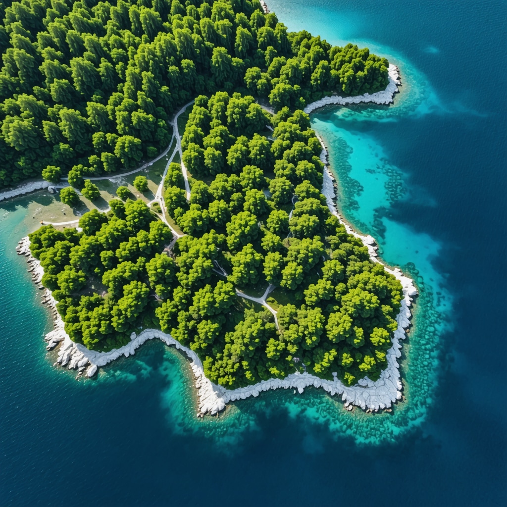 Aerial photograph of Lastovo island highlighting natural landscapes and sustainable tourism features