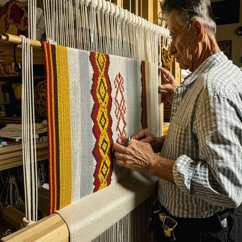 Artizan lucrând manual la un textile tradițional bulgar în atelierul din Xanthi