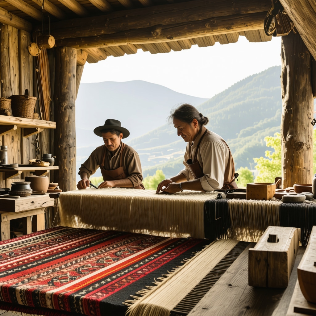Atelier de meșteșuguri tradiționale în Zlatibor cu artizani țesând covoare și lucrând obiecte din lemn