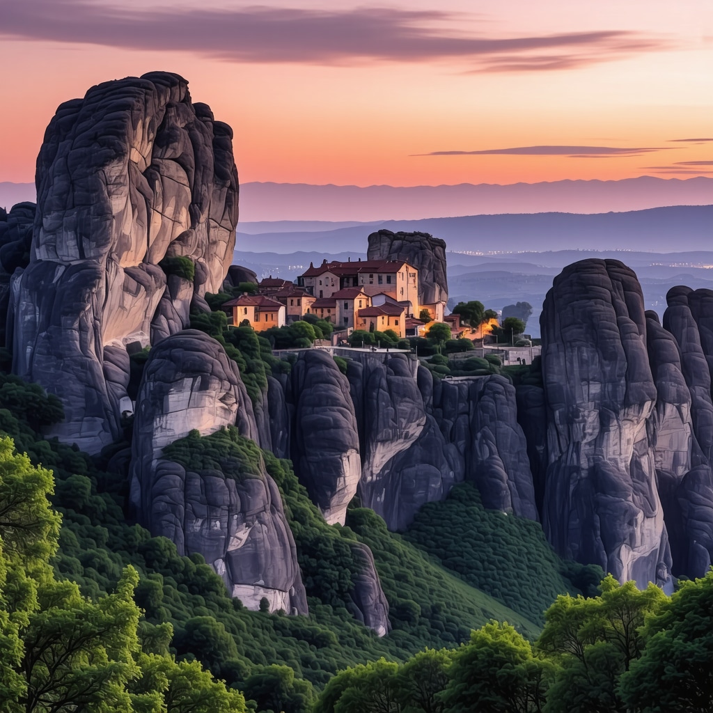 Panoramic sunset view of Meteora's rock formations with perched ancient monasteries