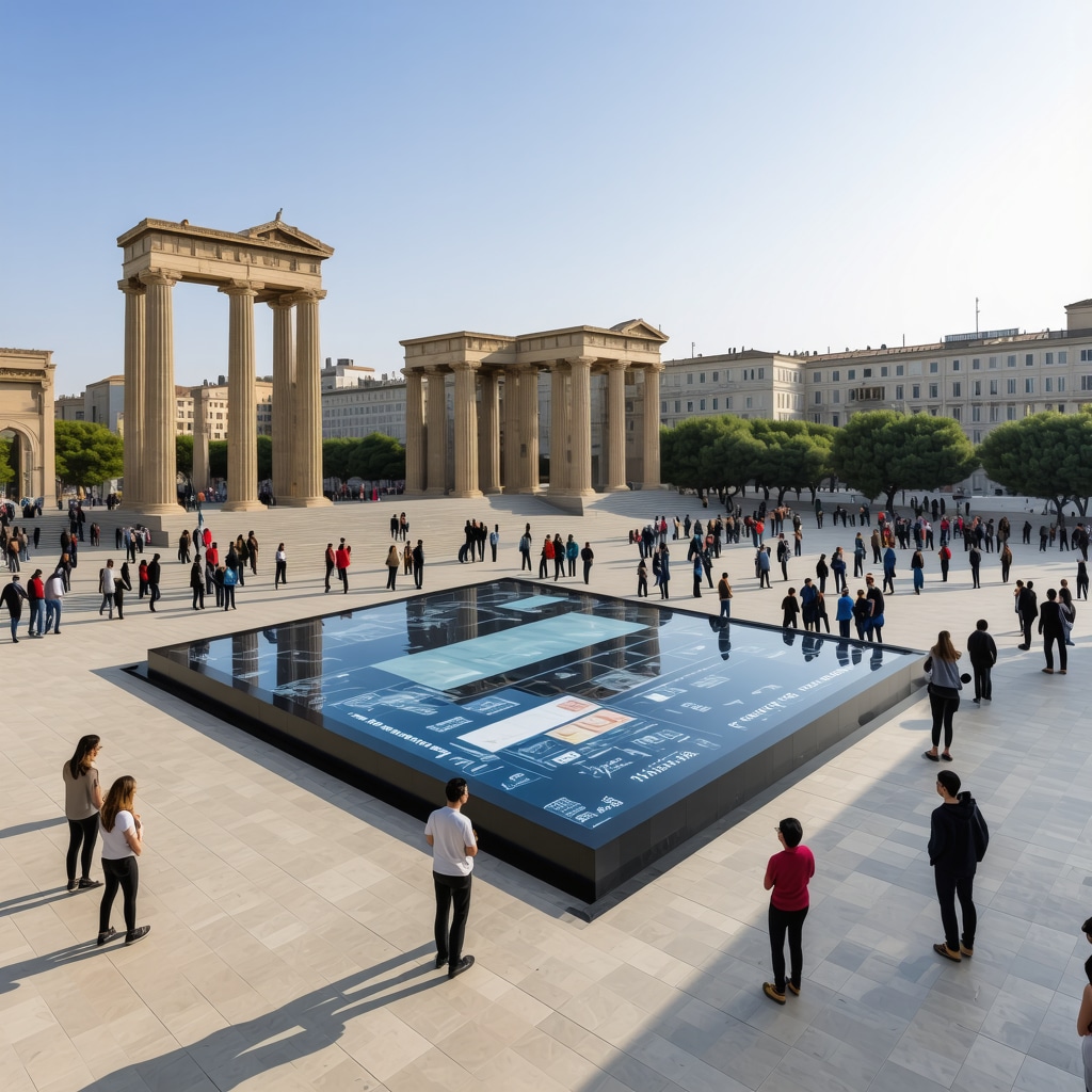 Interactive digital art installations and eco-friendly architecture in Athens with ancient ruins in the background