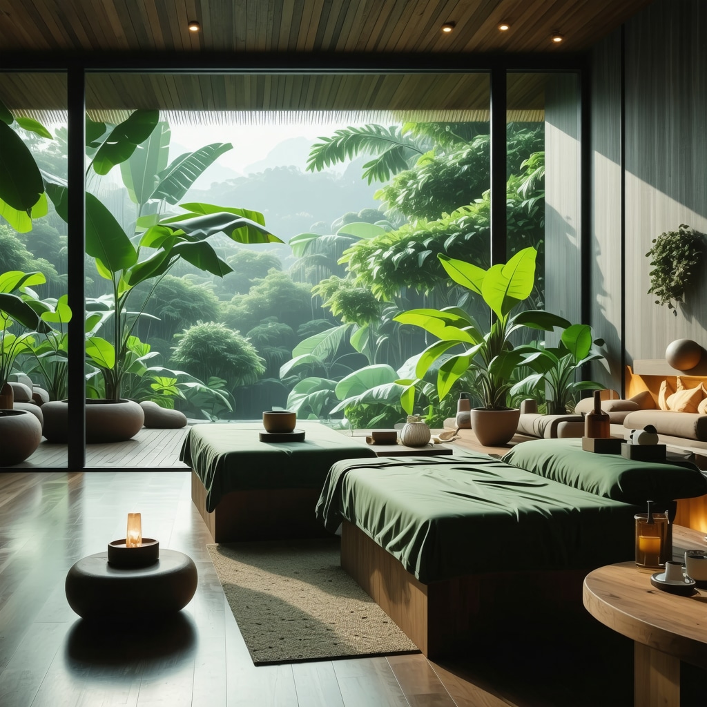 Spa treatment room with traditional mud packs and advanced therapeutic equipment overlooking nature