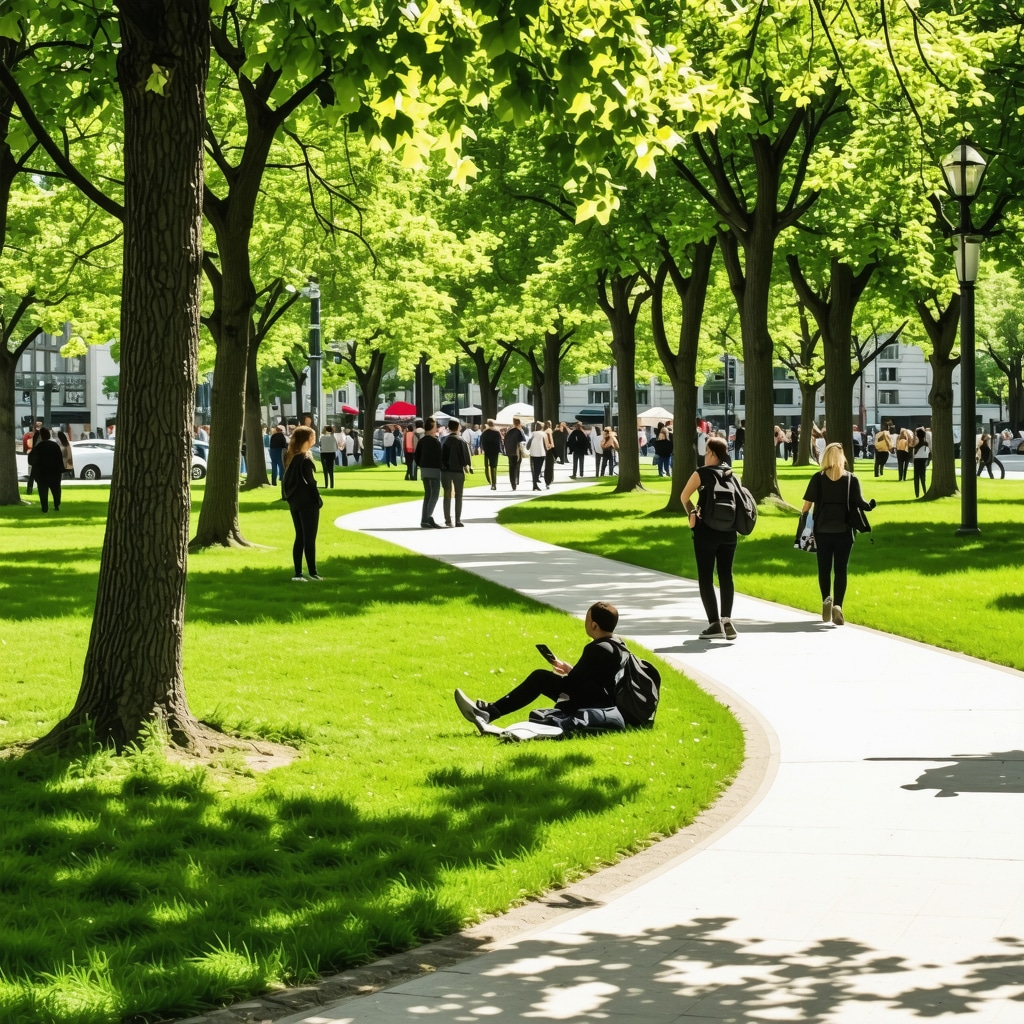 Green urban park in Bucharest with visitors using augmented reality devices near a cultural museum