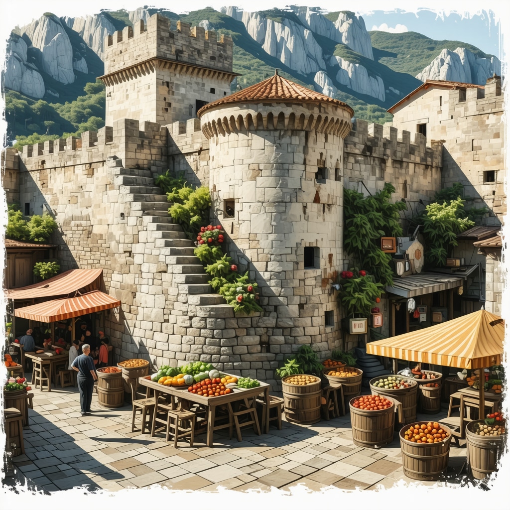 3D scan of Kotor fortress walls with sustainable tourism and local cuisine elements