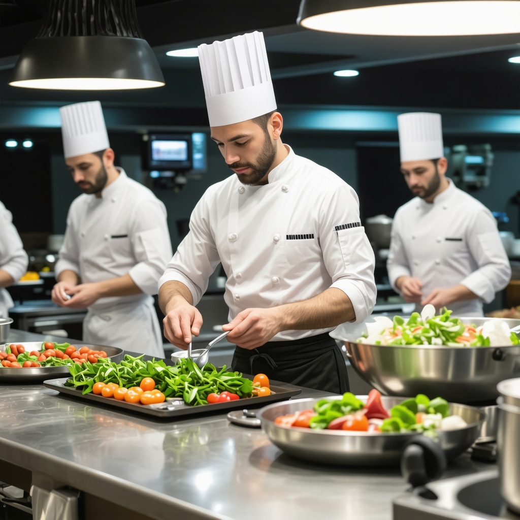 Chefs in Timisoara restaurant kitchen preparing dishes with sous-vide and fresh local market ingredients