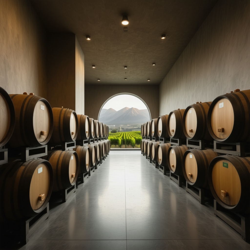 Interior of a Santorini winery combining modern fermentation tanks and traditional barrels with volcanic vineyards visible outside