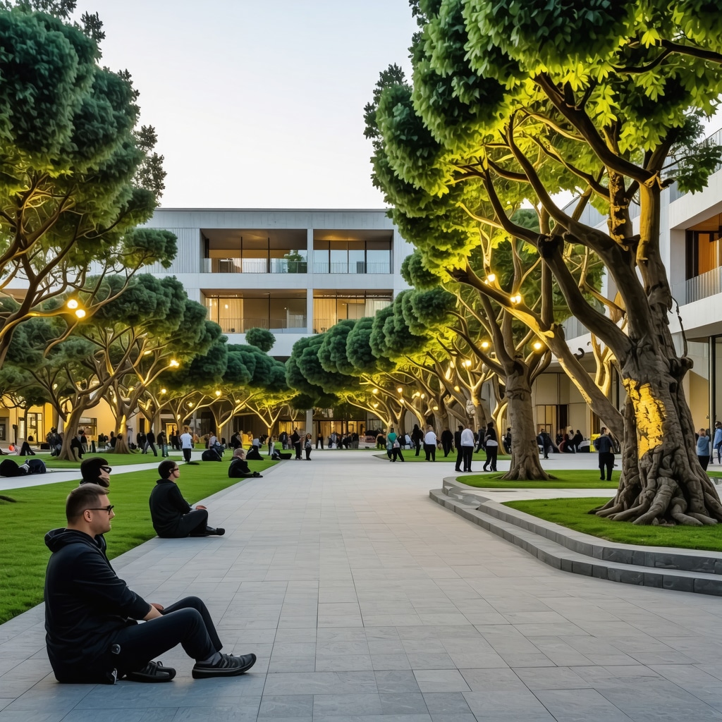 Contemporary cultural complex with green spaces and modern architecture in Tirana at sunset