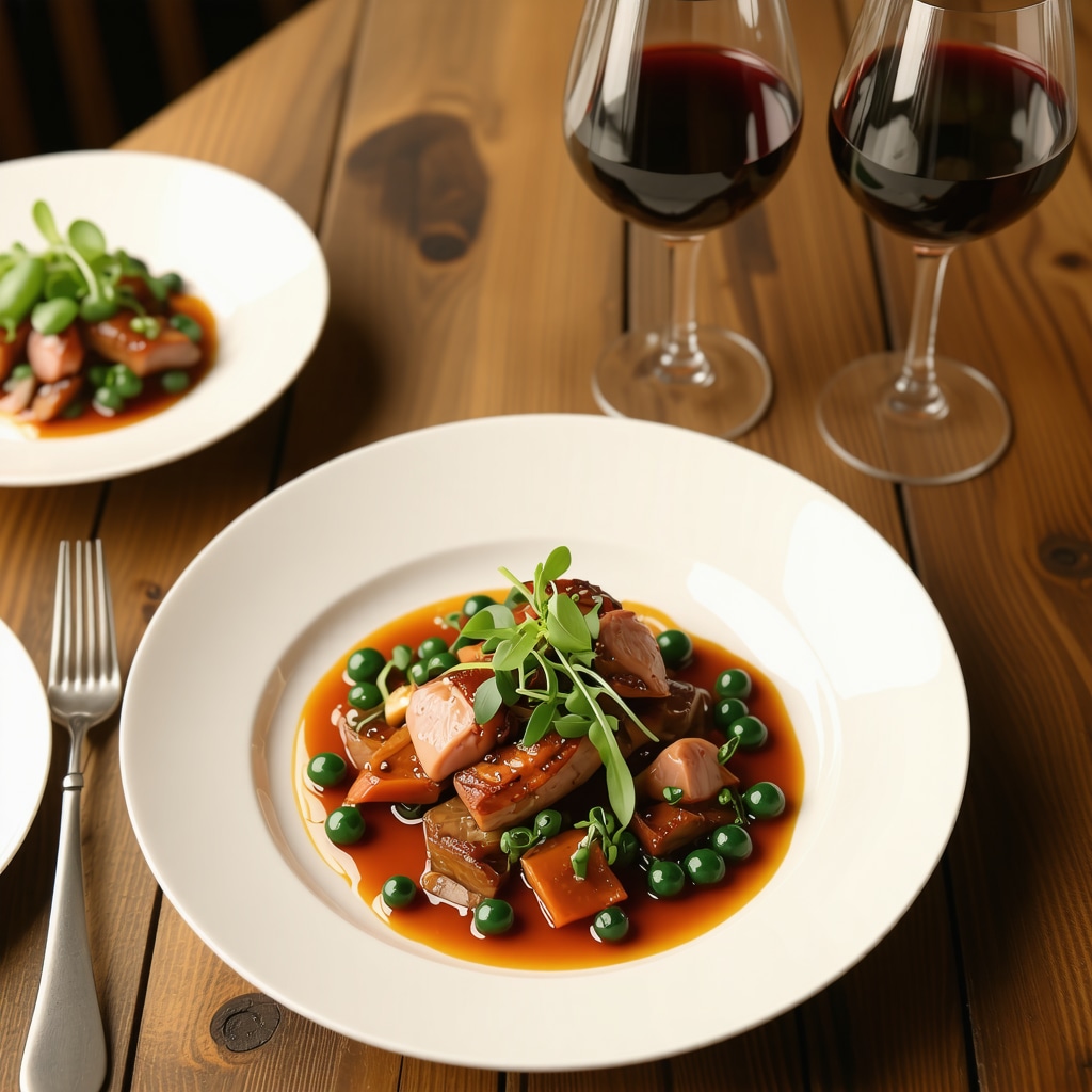 Gourmet plating of traditional Ptuj dishes accompanied by a glass of local Podravje wine on a rustic table