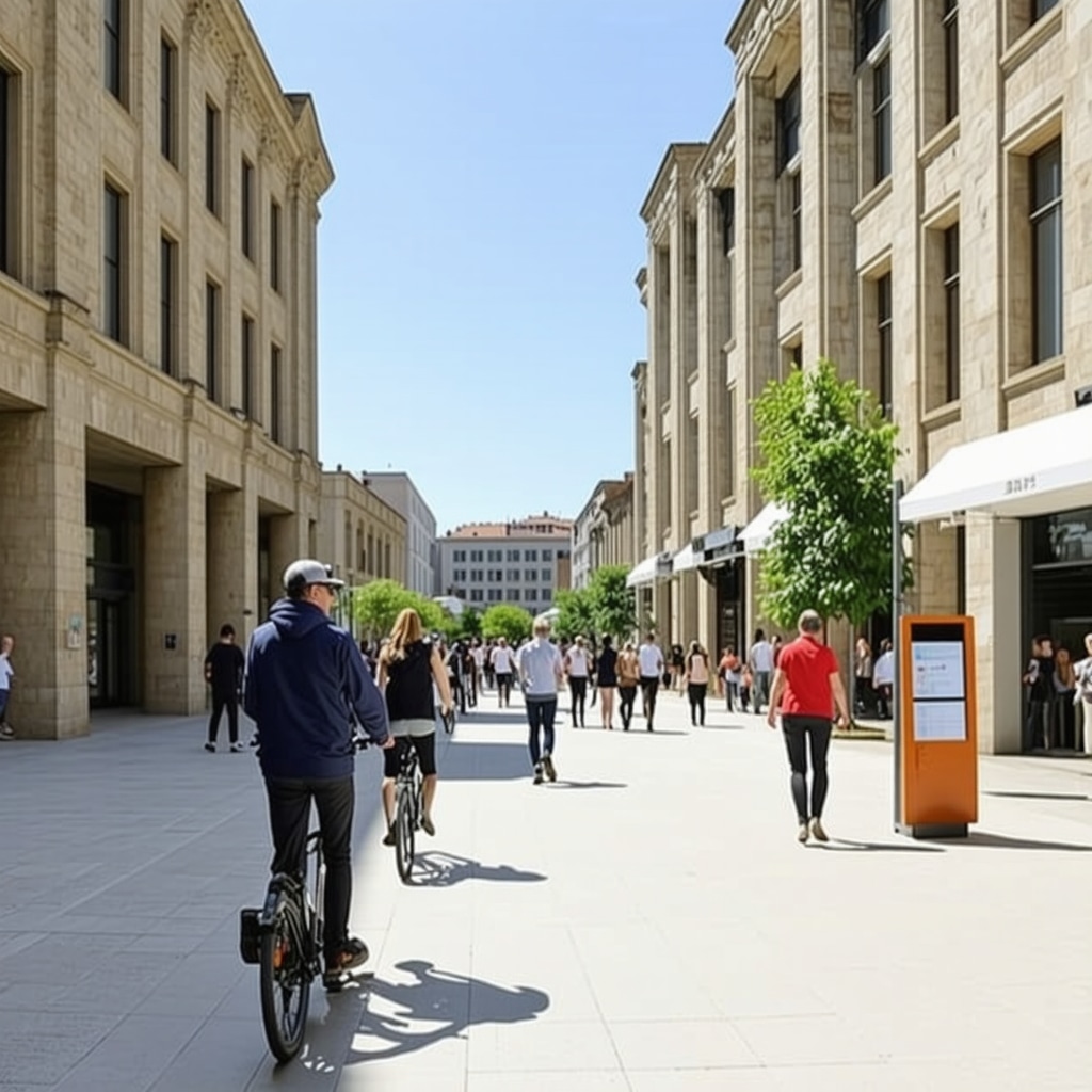 Urban square in Pristina with historic and modern buildings, cyclists, pedestrians, and green spaces
