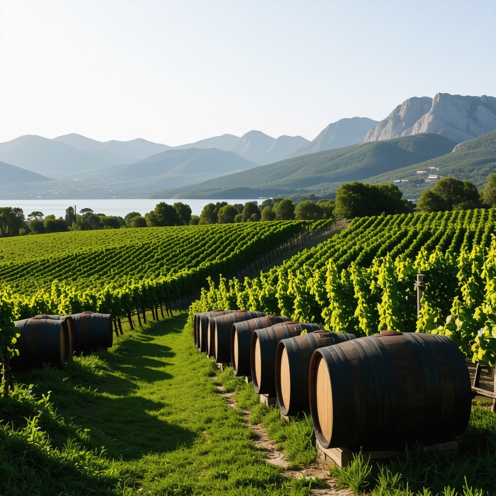 Vineyard in Montenegro near Adriatic coast with traditional wine barrels and mountains