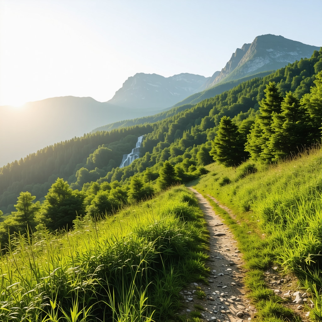 Mountain trail with lush greenery and a waterfall in the Prokletije Mountains near Peja, Kosovo